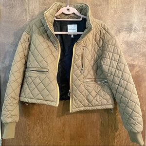 Avec Les Filles Cropped Diamond Quilted Jacket Khaki Full Zip, Size Small